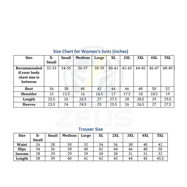 May include: A size chart for women's suits and trousers, displaying measurements in inches. The chart includes bust, shoulder, length, and sleeve measurements for suit sizes ranging from X-Small to 5XL. Trouser sizes include waist, hips, inseam, and length.