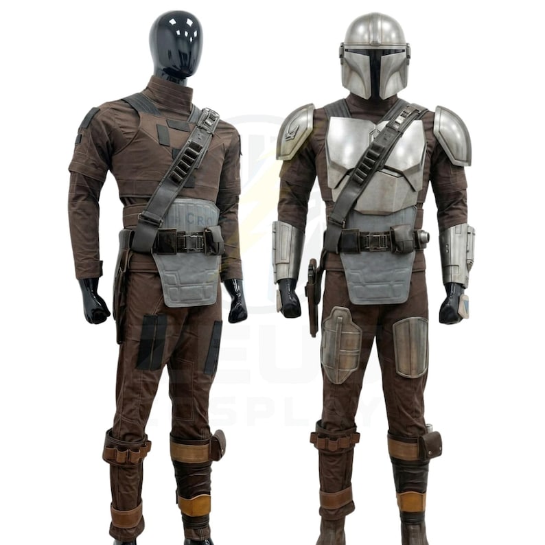 May include: Two full-body costumes displayed on mannequins. The left mannequin wears a brown fabric suit with a dark utility belt and chest plate. The right mannequin wears a matching brown suit with a metallic silver helmet, chest armor, shoulder pauldrons, and gauntlets.