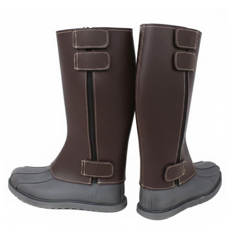 以下が含まれることがあります： 茶色とグレーのハイブーツのペア。ブーツは茶色のアッパーとグレーの下部を備えています。ジッパーと白いステッチの調節可能なストラップが付いています。ブーツはアウトドアアクティビティと保護のために設計されています。