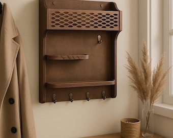 Handcrafted Wood Entryway Key Holder with Shelves: Rustic Brown Organizer