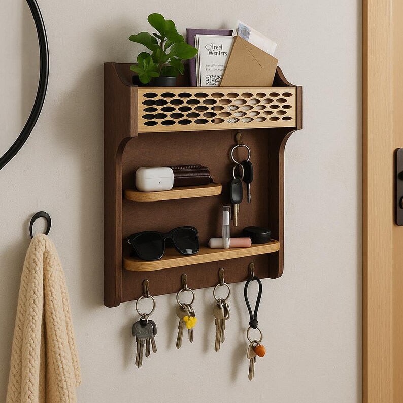 Rustic Wood Key Holder With Shelves - Handmade Entryway Organizer - Etsy