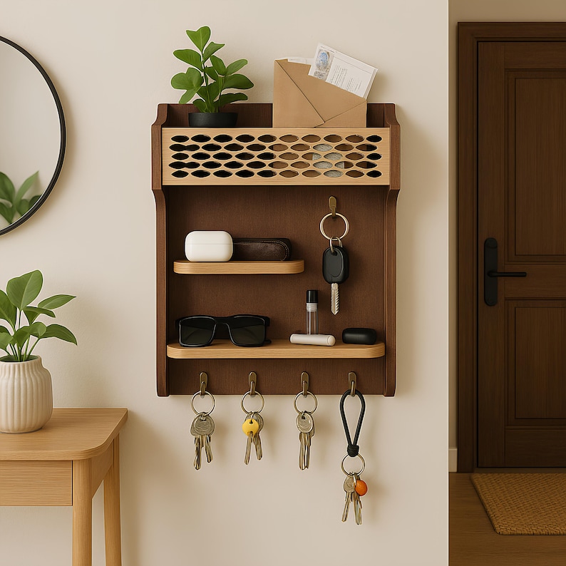 Rustic Wood Key Holder With Shelves - Handmade Entryway Organizer - Etsy