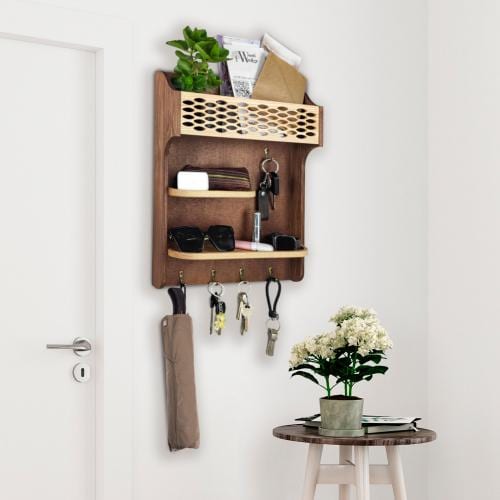 Rustic Wood Key Holder With Shelves - Handmade Entryway Organizer - Etsy