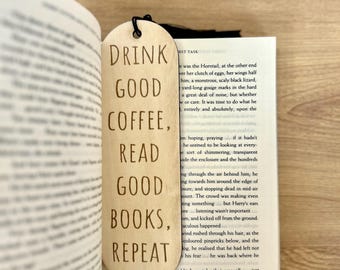Engraved Wooden Bookmark | Coffee and Books Quote with Tassel