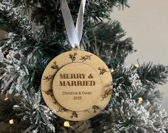 Newly Married Personalised Christmas Wooden Bauble | Merry & Married