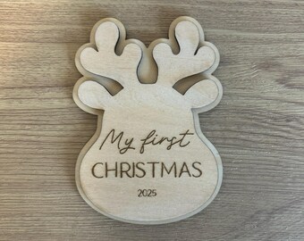 Wooden Reindeer Baby's First Christmas Milestone Sign | Photo Prop