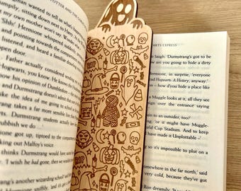 Spooky Season Wooden Bookmark | Book Lover Gift | Engraved with all things spooky | Peeking Ghost