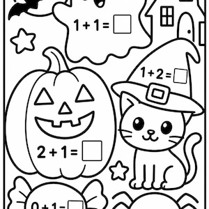 Könnte beinhalten: Eine schwarz-weiße Malvorlage mit Halloween-Motiven wie einem Geist, einem Kürbis, einer Katze mit Hexenhut, einer Spinne, einer Fledermaus und einem Spukhaus. Jede Figur ist mit einer einfachen Additionsaufgabe zum Lösen versehen.