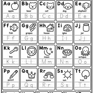 May include: A black and white educational alphabet worksheet titled My Alphabet. It features a grid of twenty-six boxes, each containing an uppercase and lowercase letter, a corresponding line drawing illustration, and a dotted line for tracing.