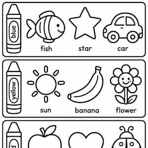 May include: A black and white educational coloring worksheet titled Color the Pictures. It features three rows of line art icons including a fish, star, car, sun, banana, flower, apple, heart, and ladybug, alongside crayons labeled blue, yellow, and red.