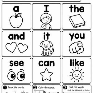 May include: A black and white educational worksheet titled My Sight Words with a line for a name. It features nine boxes with words and illustrations, including an apple, a person, a book, hearts, a dog, a hand, eyes, a star, and a sun.