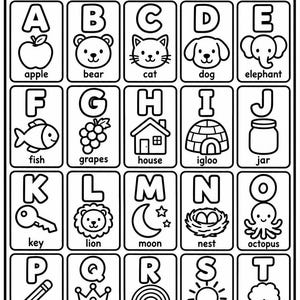 Puede incluir: Una hoja de colorear educativa del alfabeto en blanco y negro con el título My Alphabet y la instrucción Say the letter. Color the picture. Contiene una cuadrícula de veintiséis cajas rectangulares, cada una mostrando una letra mayúscula, una ilustración de línea correspondiente y la palabra en minúsculas para el objeto.