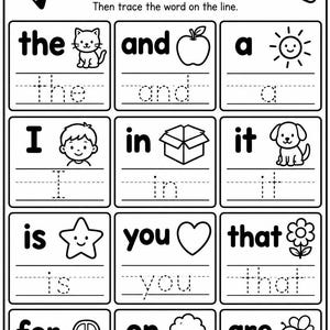 May include: A black and white educational worksheet titled Sight Words Read, Trace, and Learn! featuring twelve boxes with words like the, and, a, I, in, it, is, you, that, for, on, and are, accompanied by line art illustrations and dotted lines.