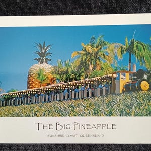 Pode incluir: Postal com uma grande escultura de abacaxi e um comboio amarelo. O texto "The Big Pineapple" e "Sunshine Coast Queensland" estão impressos abaixo. Palmeiras e um céu azul completam a cena tropical.
