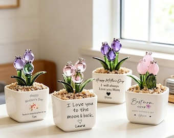 Glass Everlasting Tulips, Mom Flower Gift, Hand Blown Glass Potted, Mothers Day Gifts