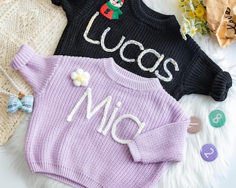 Baby Name Sweater,Hand Embroidery Sweaters,Custom Toddler Sweaters,Knit Sweater,Newborn Gift,Gifts for Daughters,Baby Boy&Girl Gift.