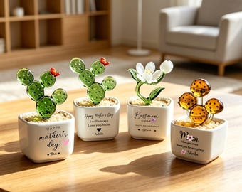 Personalized Glass Flower Pot Mother's Day Gift, Custom Hand Blown Crystal Keepsake, Mom Flower Gift, Hand Blown Glass Potted.