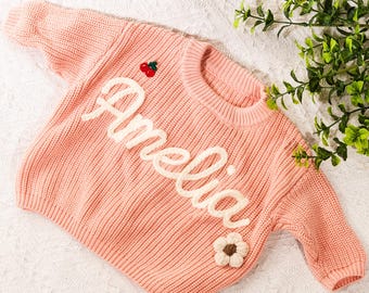 Personalized Kids Sweater,Hand Embroidery Sweaters,Custom Baby Name Jumper, Knit Sweater,Personalized Gift, Christmas sweater