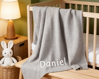 Personalized Knit Baby Blanket, Custom Baby Blanket, Embroidered Baby Name Blanket, Hand-Embroidered Keepsake for Cherished Moments