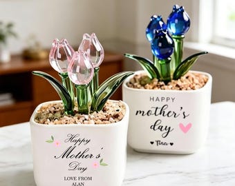 Glass Everlasting Tulips, Mom Flower Gift, Hand Blown Glass Potted, Mothers Day Gifts