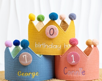 Personalised Embroidered Name Child Birthday Crown, Solid Birthday Party Hat,Neutral Birthday Hat, Cake Smash Crown, First Birthday Keepsake