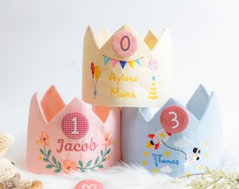 Personalised Embroidered Name Child Birthday Crown,Flower Birthday Party Hat,Neutral Birthday Hat, Cake Smash Crown, First Birthday Keepsake