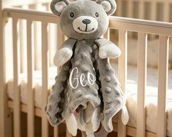 Personalized Baby Lovey Blanket,Custom Embroidered Name, Minky Dot Sensory Security Blanket,Personalised Baby gift, Special Keepsake.