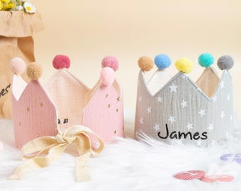Custon Name Kids Birthday Crown, Embroidered Birthday Party Hat with, Neutral Birthday Hat, Cake Smash Crown, First Birthday Keepsake