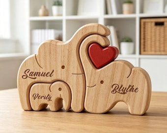 Personalized Elephant Family Wooden Puzzle,Custom Name Wood Animal Figurine,Mothers Day Gift, New Mom Keepsake Gift.