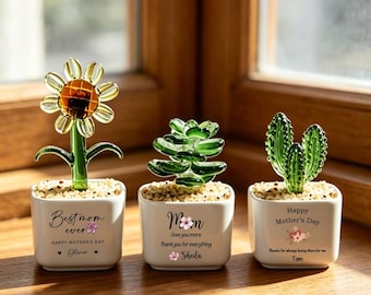 Personalized Glass Flower Pot Mother's Day Gift, Custom Hand Blown Crystal Keepsake, Mom Flower Gift, Hand Blown Glass Potted.