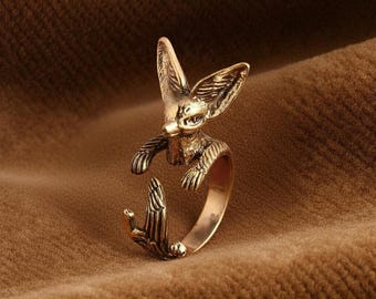 Fennec fox ring, brass animal wrap ring, adjustable animal ring, vintage brass fox jewelry, woodland creature ring, boho animal ring,