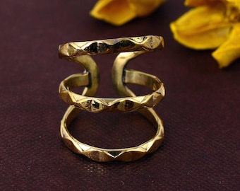 Geometric Stacking Ring | Wide Brass Statement Ring | Adjustable Multi-Band Finger Ring | Bohemian Minimalist Jewelry