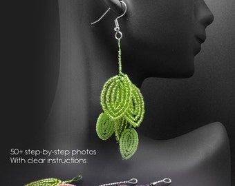 PDF Tutorial Leaf Earrings in the French Beaded Flower Technique, Instructions, Learn to Bead, Wire Wrapping, How To Guide, Instant Download