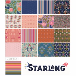 May include: A collection of patterned fabric swatches in various designs and colors. Floral, striped, and dotted patterns are displayed in shades of pink, blue, green, and orange. The word "STARLING" is featured in a navy blue font with a bird graphic.