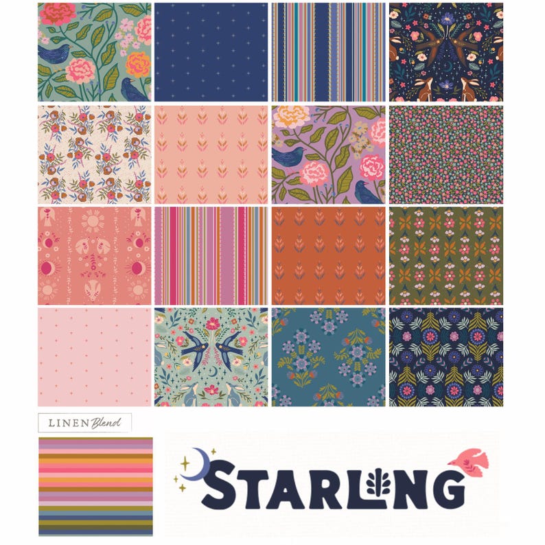 May include: A collection of patterned fabric swatches in various designs and colors. Floral, striped, and dotted patterns are displayed in shades of pink, blue, green, and orange. The word "STARLING" is featured in a navy blue font with a bird graphic.