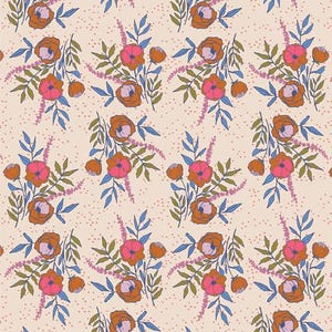 May include: A repeating floral pattern featuring bouquets of orange and pink flowers with blue and green leaves on a cream background. The design includes small pink dots scattered across the surface, creating a textured effect. This pattern is suitable for fabric or wallpaper.