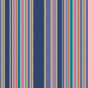 May include: A colorful striped pattern featuring vertical lines in shades of blue, pink, teal, orange, and gray. The design includes a stitched detail running along the edges of some stripes, adding a textured element to the fabric.