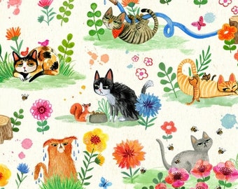 Dear Stella Fabrics, Cat Garden in Cream, Catitude Cotton Fabric by the Yard and Fat Quarters, Quilting Fabric, ST-DMB1671CR