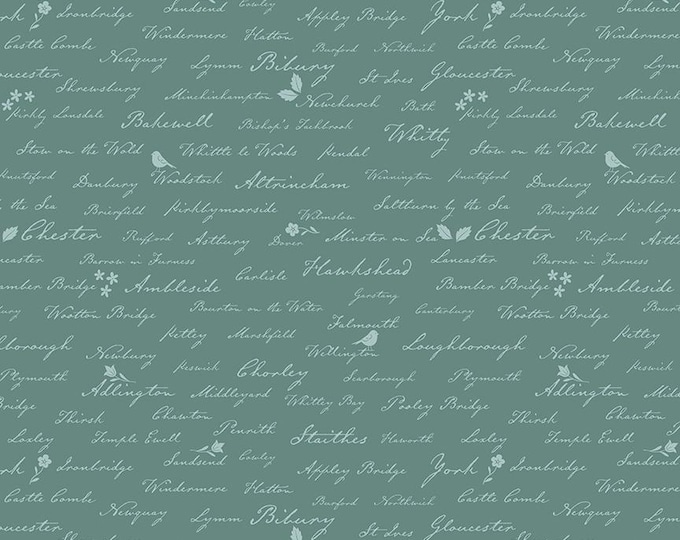 Ambleside Town Names Teal Quilting Cotton Fabric, Riley Blake Designs