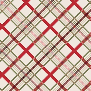 May include: A seamless pattern featuring a classic plaid design. The pattern incorporates a cream-colored background with intersecting red stripes and thinner stripes in green, beige, and black, creating a festive, holiday-themed aesthetic.