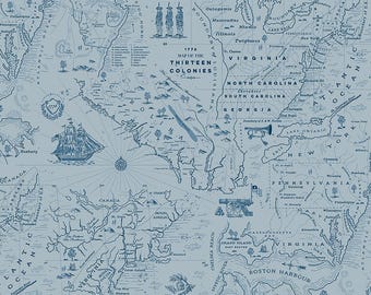 Independence: Colonial Map Blue Fabric by Riley Blake Designs, C17332-BLUE