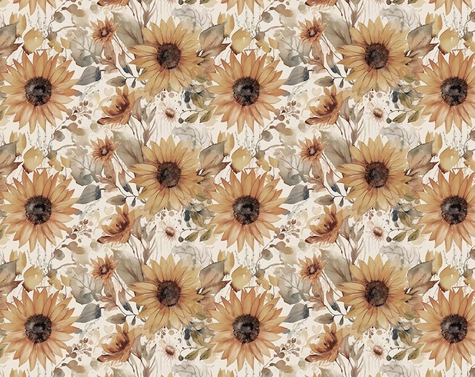 Evening on the Prairie Fabric: Watercolor Sunflowers in Cream Print by Modern Prairie for Riley Blake Designs, CD16743-CREAM