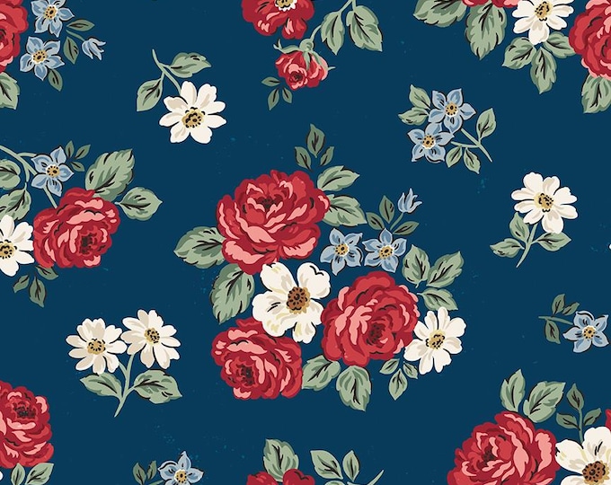 WIDE BACK Independence Floral Fabric In Oxford Navy Blue by Riley Blake Designs, 108" Wide, WB17339-OXFORD
