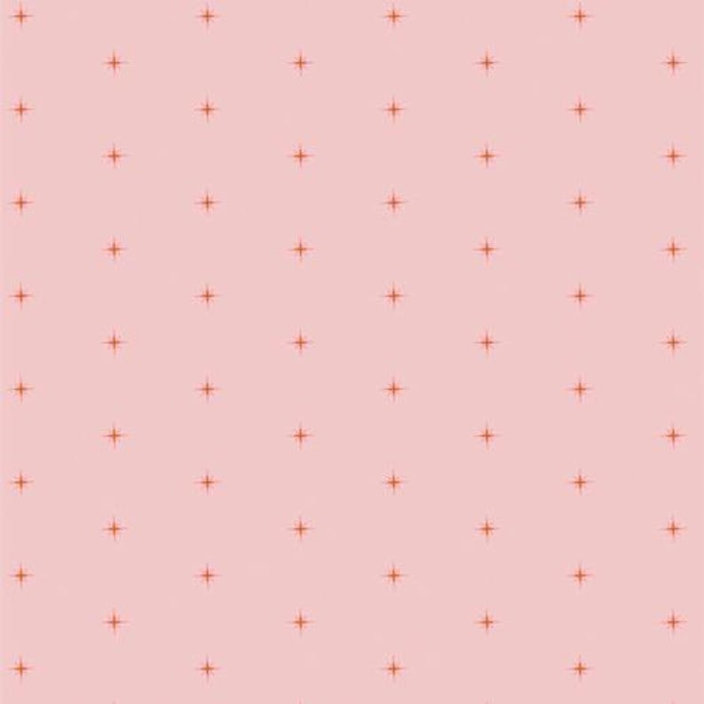 May include: A repeating pattern of small, orange starbursts on a soft pink background. The starbursts are evenly spaced and create a subtle, yet visually interesting design. This pattern is suitable for fabric, wallpaper, or other decorative applications.