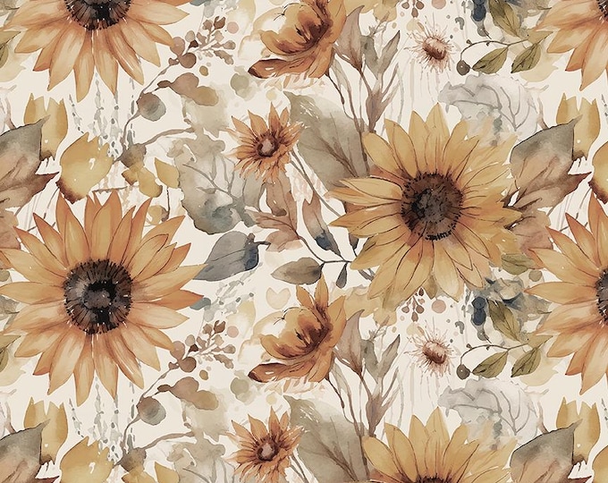 WIDE BACK Evening on the Prairie Fabric: Watercolor Sunflowers in Cream Print by Modern Prairie for Riley Blake Designs, WB16751-CREAM