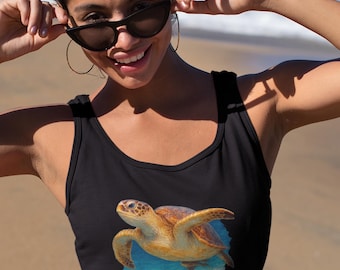 Sea Turtle Women's Racerback Tank Top, Beach Tank Top, Ocean Lover Tank, Summer Tank, Turtle Graphic Tee