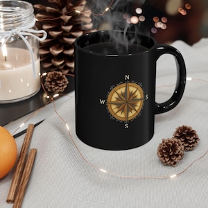 Compass Design Black Mug - Coffee Cup for Adventurers, Great Gift for Travel Lovers, Holiday and Birthday
