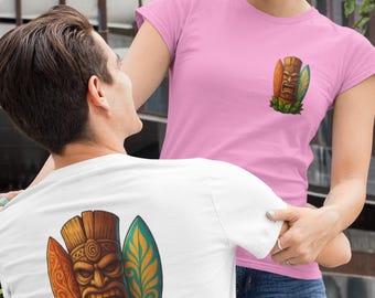 Surfing Tee Shirt, Vintage Tiki Face Tee with Surfboards, Retro Tiki Hawaiian Beach Shirt, Tropical Island Vibe, Vacation Tee Shirt