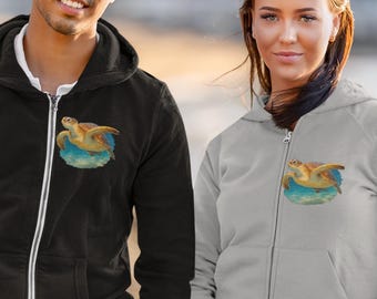 Sea Turtle Graphic Full Zipper Hoodie - Ocean Inspired Sweatshirt, Beach Lover Hoodie, Nature Lover Zip-Up Sweat