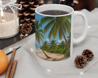 Taza de cerámica con diseño de playa tropical, ideal para el verano, ideal para vacaciones.